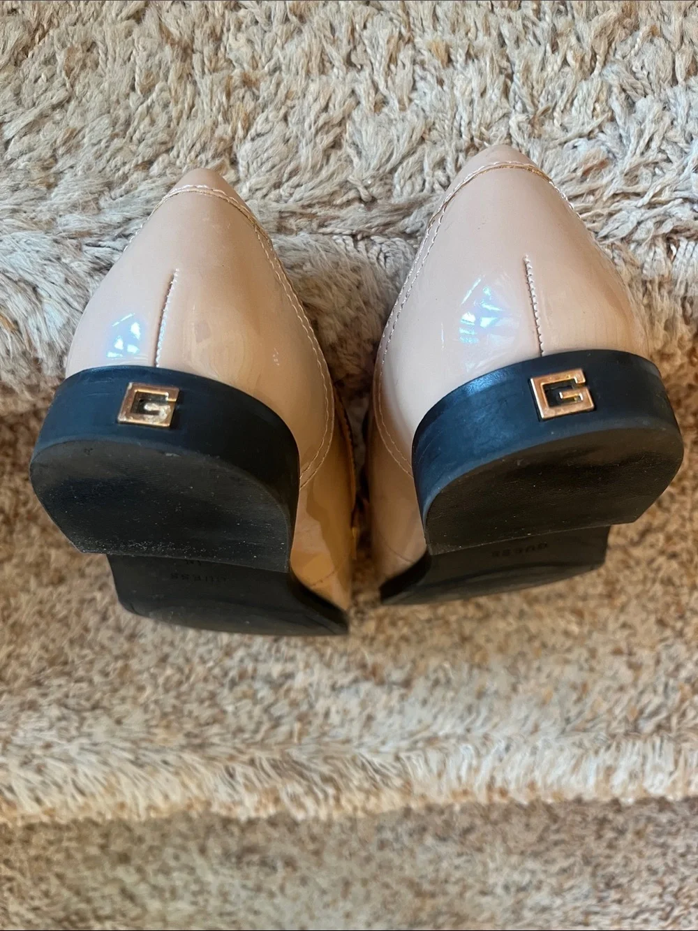 Guess Beige Patent Loafers with Gold Chain Detail - Size 7.5